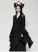 Black Elegant Lace Splicing Exquisite Ruffles Mysterious Metal Cross Decorated Gothic Style Trumpet Sleeves Top