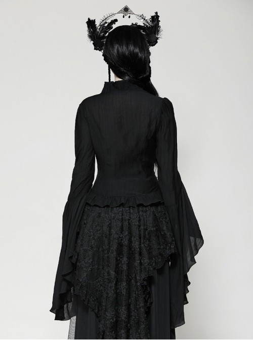 Black Elegant Lace Splicing Exquisite Ruffles Mysterious Metal Cross Decorated Gothic Style Trumpet Sleeves Top