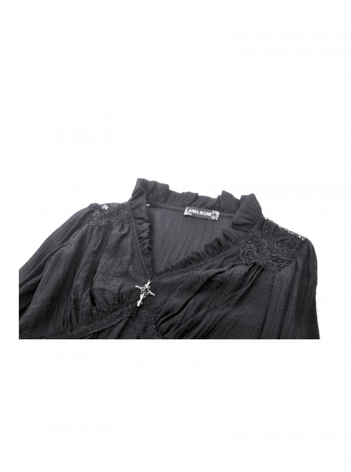 Black Elegant Lace Splicing Exquisite Ruffles Mysterious Metal Cross Decorated Gothic Style Trumpet Sleeves Top