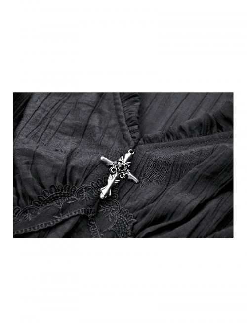 Black Elegant Lace Splicing Exquisite Ruffles Mysterious Metal Cross Decorated Gothic Style Trumpet Sleeves Top