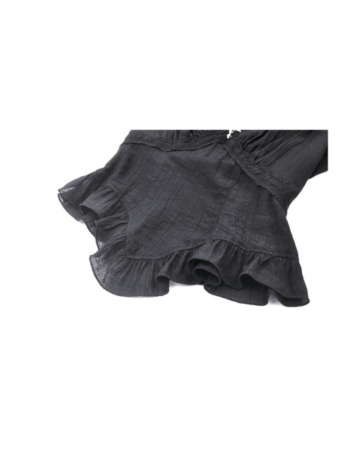 Black Elegant Lace Splicing Exquisite Ruffles Mysterious Metal Cross Decorated Gothic Style Trumpet Sleeves Top
