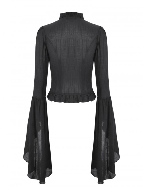 Black Elegant Lace Splicing Exquisite Ruffles Mysterious Metal Cross Decorated Gothic Style Trumpet Sleeves Top