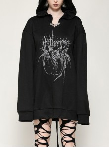Black Personalized Devil Print Loose Version Unique Ears Tail Decoration Punk Style Hooded Pullover