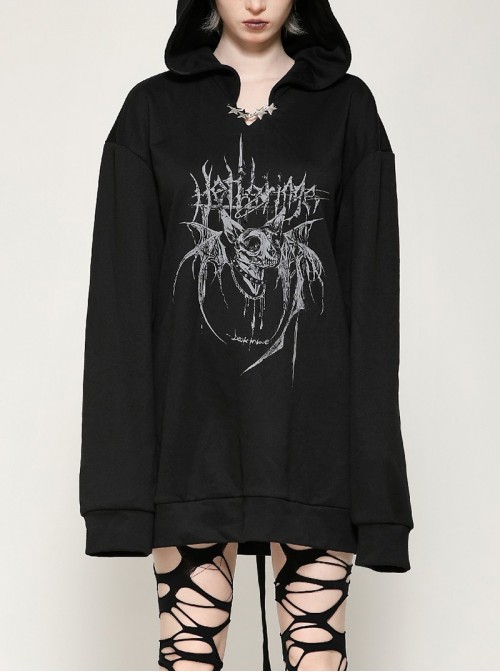 Black Personalized Devil Print Loose Version Unique Ears Tail Decoration Punk Style Hooded Pullover
