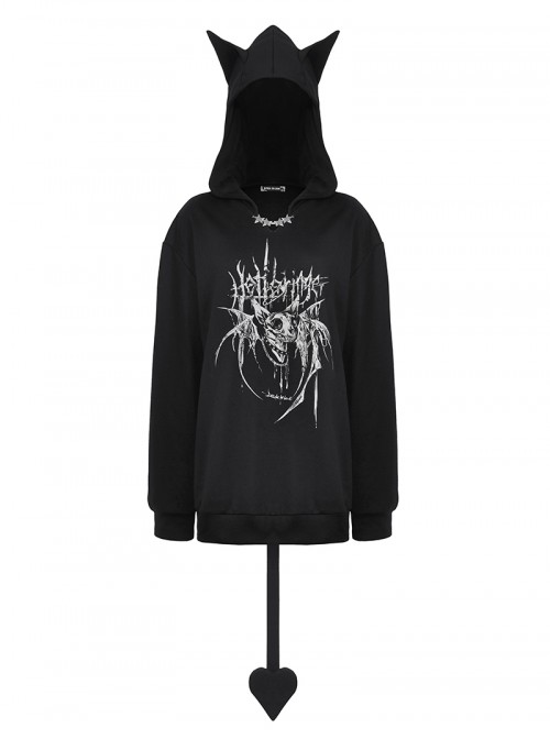 Black Personalized Devil Print Loose Version Unique Ears Tail Decoration Punk Style Hooded Pullover