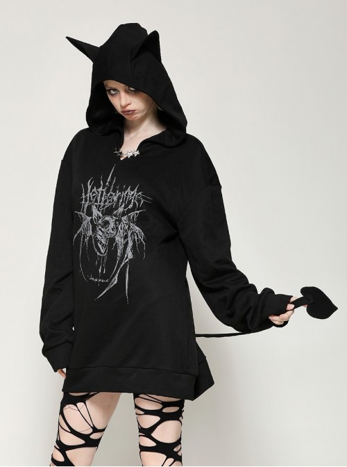 Black Personalized Devil Print Loose Version Unique Ears Tail Decoration Punk Style Hooded Pullover