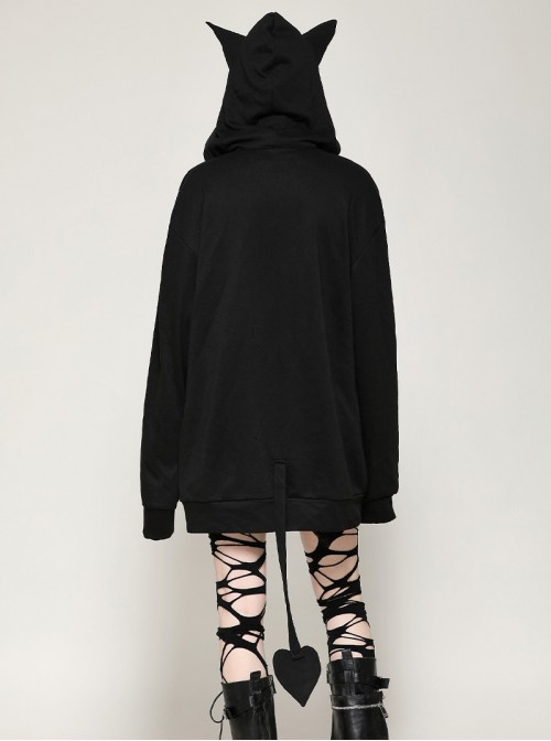Black Personalized Devil Print Loose Version Unique Ears Tail Decoration Punk Style Hooded Pullover