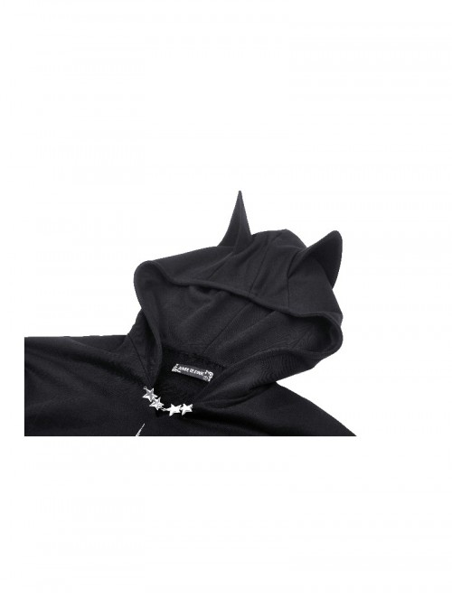 Black Personalized Devil Print Loose Version Unique Ears Tail Decoration Punk Style Hooded Pullover