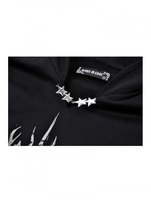 Black Personalized Devil Print Loose Version Unique Ears Tail Decoration Punk Style Hooded Pullover