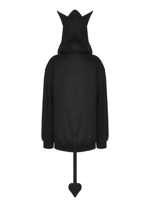Black Personalized Devil Print Loose Version Unique Ears Tail Decoration Punk Style Hooded Pullover