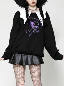 Unique Black White Bat Collar Metal Rivet Decoration Purple Witch Print Gothic Style Sweatshirt