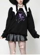 Unique Black White Bat Collar Metal Rivet Decoration Purple Witch Print Gothic Style Sweatshirt