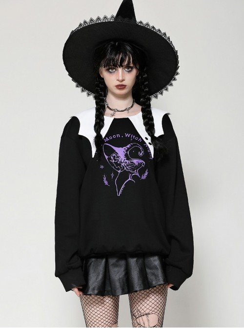 Unique Black White Bat Collar Metal Rivet Decoration Purple Witch Print Gothic Style Sweatshirt