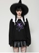 Unique Black White Bat Collar Metal Rivet Decoration Purple Witch Print Gothic Style Sweatshirt