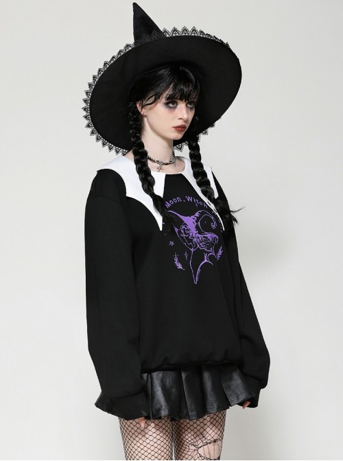Unique Black White Bat Collar Metal Rivet Decoration Purple Witch Print Gothic Style Sweatshirt