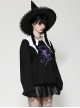 Unique Black White Bat Collar Metal Rivet Decoration Purple Witch Print Gothic Style Sweatshirt