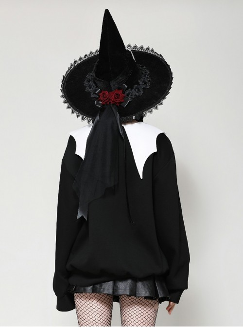 Unique Black White Bat Collar Metal Rivet Decoration Purple Witch Print Gothic Style Sweatshirt