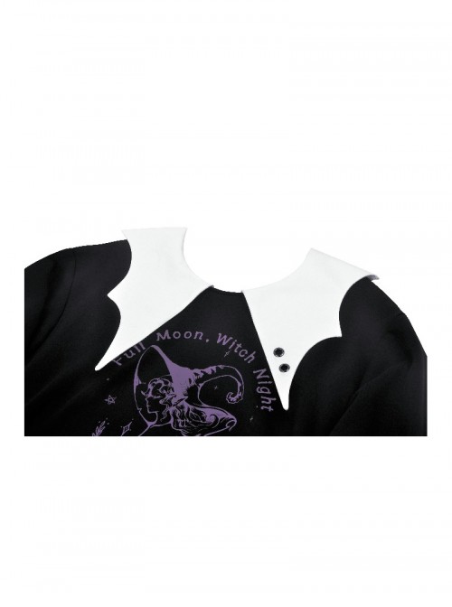 Unique Black White Bat Collar Metal Rivet Decoration Purple Witch Print Gothic Style Sweatshirt