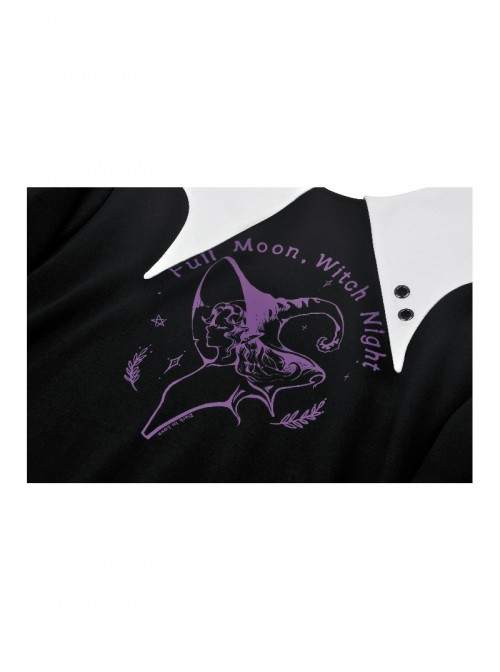 Unique Black White Bat Collar Metal Rivet Decoration Purple Witch Print Gothic Style Sweatshirt