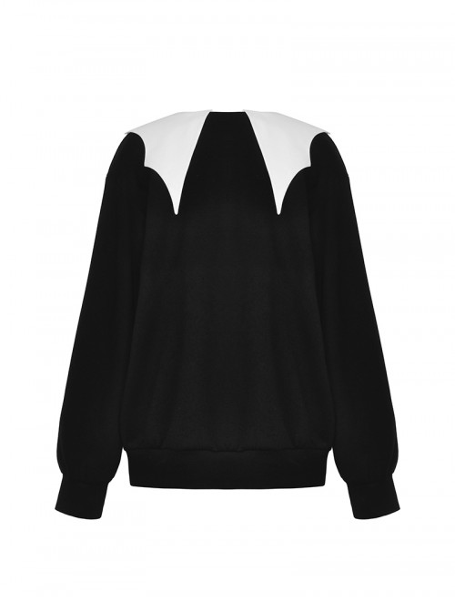 Unique Black White Bat Collar Metal Rivet Decoration Purple Witch Print Gothic Style Sweatshirt