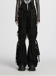 Black Personalized Studs Zippers Gothic Punk Style Detachable Decadent Wide Leg Pants