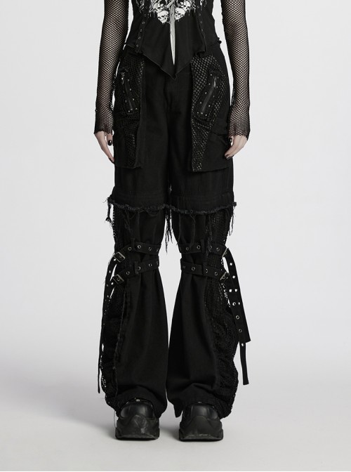 Black Personalized Studs Zippers Gothic Punk Style Detachable Decadent Wide Leg Pants