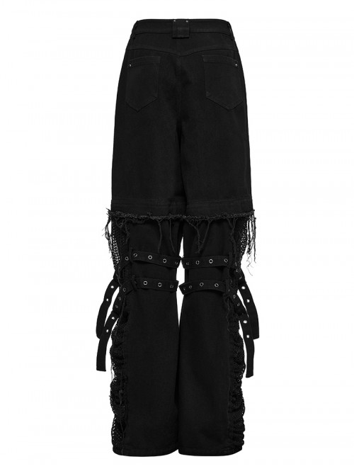 Black Personalized Studs Zippers Gothic Punk Style Detachable Decadent Wide Leg Pants