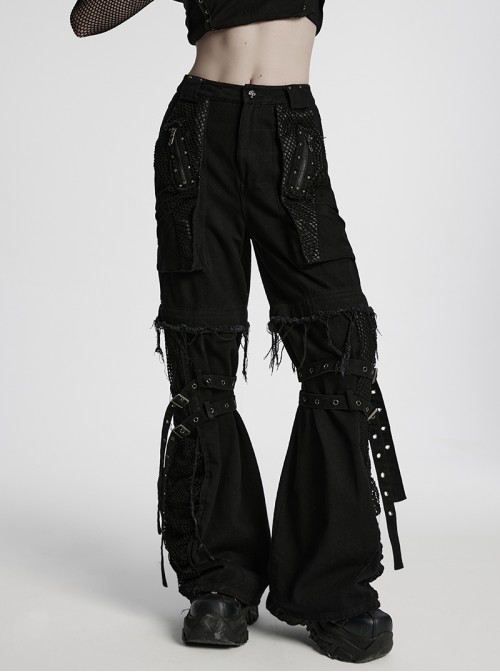 Black Personalized Studs Zippers Gothic Punk Style Detachable Decadent Wide Leg Pants