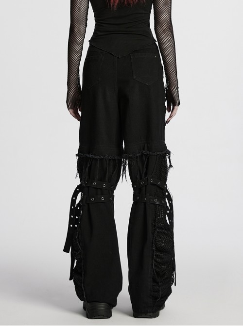 Black Personalized Studs Zippers Gothic Punk Style Detachable Decadent Wide Leg Pants