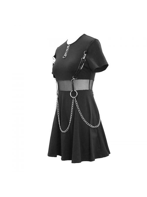 Black Knitted Leather Hasp Waist Spliced Mesh Belt Loop Chain Punk Short Dress