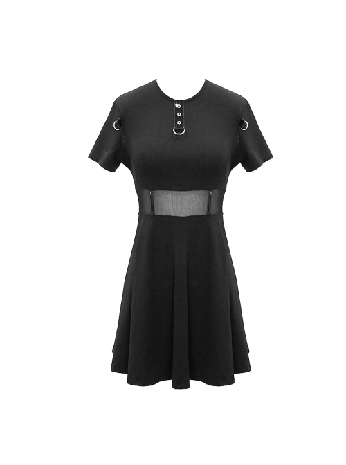 Black Knitted Leather Hasp Waist Spliced Mesh Belt Loop Chain Punk Short Dress