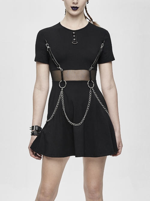 Black Knitted Leather Hasp Waist Spliced Mesh Belt Loop Chain Punk Short Dress