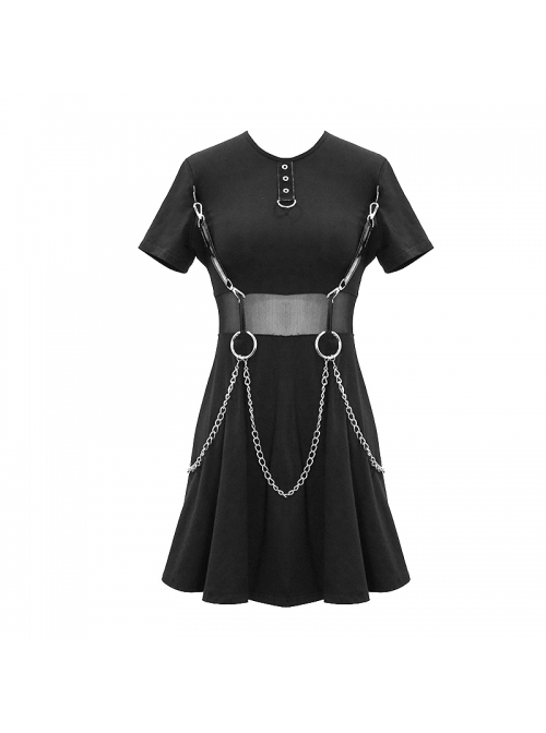 Black Knitted Leather Hasp Waist Spliced Mesh Belt Loop Chain Punk Short Dress