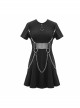 Black Knitted Leather Hasp Waist Spliced Mesh Belt Loop Chain Punk Short Dress