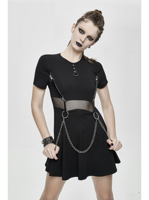 Black Knitted Leather Hasp Waist Spliced Mesh Belt Loop Chain Punk Short Dress