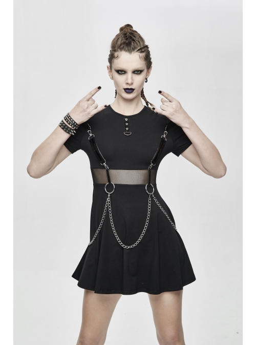 Black Knitted Leather Hasp Waist Spliced Mesh Belt Loop Chain Punk Short Dress