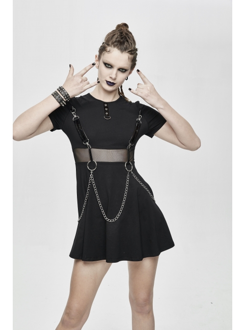 Black Knitted Leather Hasp Waist Spliced Mesh Belt Loop Chain Punk Short Dress