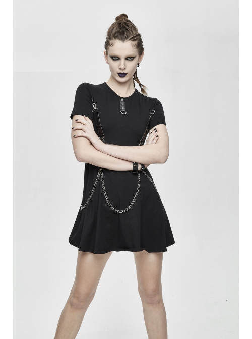 Black Knitted Leather Hasp Waist Spliced Mesh Belt Loop Chain Punk Short Dress