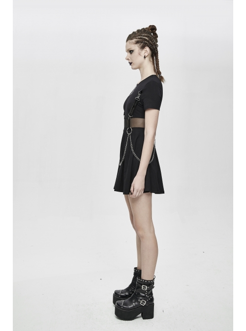 Black Knitted Leather Hasp Waist Spliced Mesh Belt Loop Chain Punk Short Dress