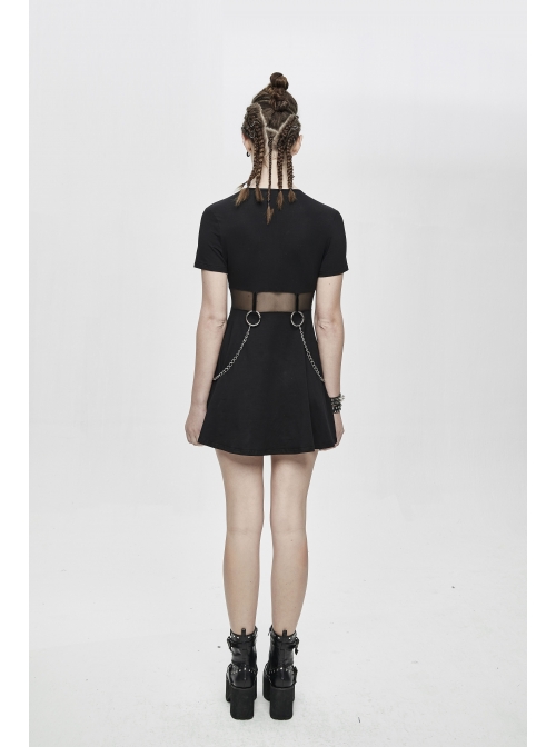 Black Knitted Leather Hasp Waist Spliced Mesh Belt Loop Chain Punk Short Dress