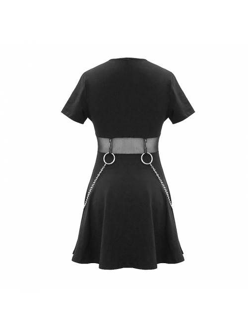 Black Knitted Leather Hasp Waist Spliced Mesh Belt Loop Chain Punk Short Dress