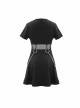 Black Knitted Leather Hasp Waist Spliced Mesh Belt Loop Chain Punk Short Dress
