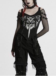 Black Sexy Cool Off Shoulder V Neck Elastic Knitted Mesh Bat Skull Cross Print Punk Style Printed T Shirt