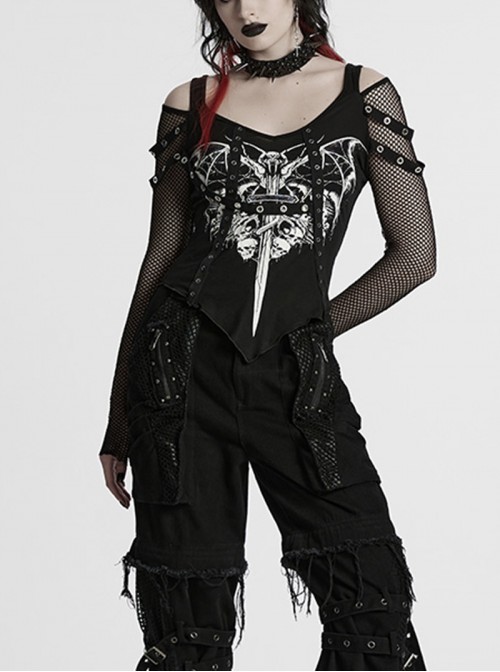 Black Sexy Cool Off Shoulder V Neck Elastic Knitted Mesh Bat Skull Cross Print Punk Style Printed T Shirt