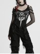 Black Sexy Cool Off Shoulder V Neck Elastic Knitted Mesh Bat Skull Cross Print Punk Style Printed T Shirt