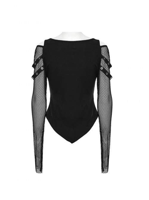 Black Sexy Cool Off Shoulder V Neck Elastic Knitted Mesh Bat Skull Cross Print Punk Style Printed T Shirt