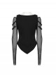 Black Sexy Cool Off Shoulder V Neck Elastic Knitted Mesh Bat Skull Cross Print Punk Style Printed T Shirt