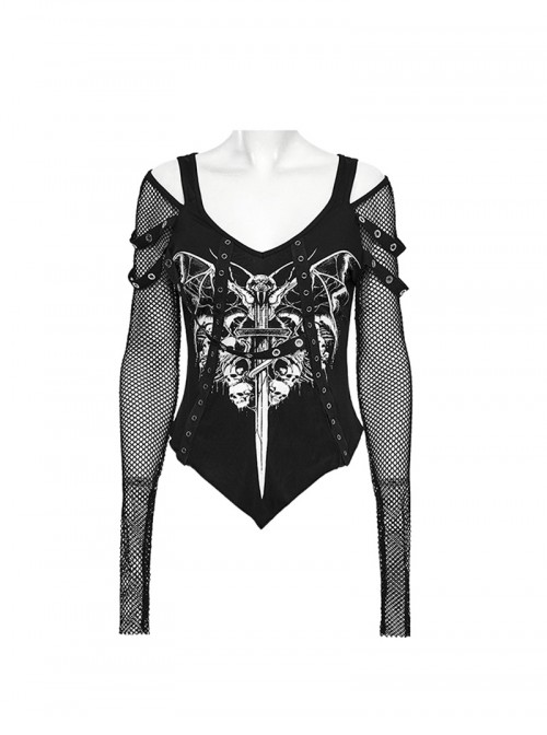 Black Sexy Cool Off Shoulder V Neck Elastic Knitted Mesh Bat Skull Cross Print Punk Style Printed T Shirt