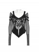 Black Sexy Cool Off Shoulder V Neck Elastic Knitted Mesh Bat Skull Cross Print Punk Style Printed T Shirt