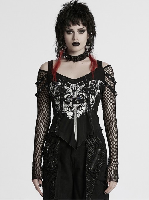 Black Sexy Cool Off Shoulder V Neck Elastic Knitted Mesh Bat Skull Cross Print Punk Style Printed T Shirt